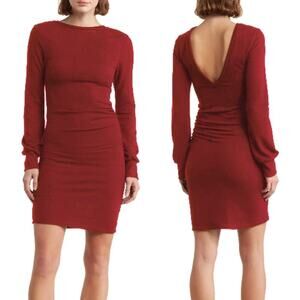 Go Couture Dress Ruched Puff Long Sleeve V-Back Bodycon Mini Red NWT Medium